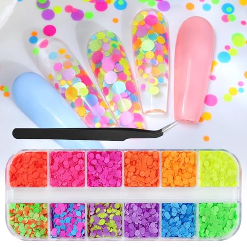 1 Box 12 Color Fluorescent Circle Nail Glitter Pink Yellow Nail Sequins 3D Colorful Nail Flakes Sparkly Glitter Flakes Shiny Nail Glitter Iridescent Nail Sequins Glitter for Nails Art 12 Grids - color: YHN09