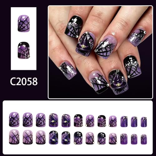 Purple Halloween Press On Nails, Short Square Spiderweb Witch Hat Design - color: style 25