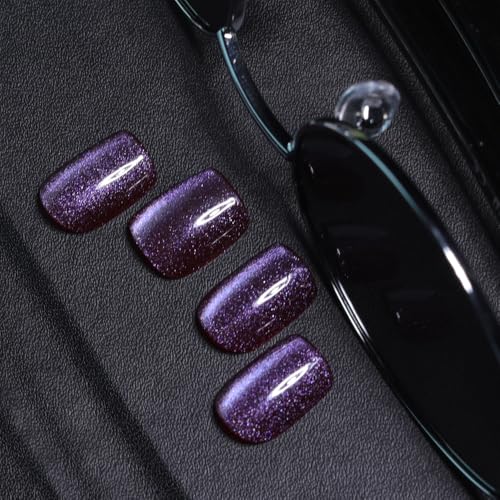Dark Amethyst Purple Cat Eye Press On Nails Short – Square Fake Nails with Color-Shifting Glow, Glossy Gel Acrylic Nails 15 Sizes, 30 Nails, Thick Reusable Glue On Nails for Daily Wear & Gifts - color: M13-Amethyst-Purple