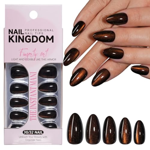 Dark Brown Cat Eye Press on Nails Short Almond Glitter Fake Nails 30 Pcs - color: Style-13