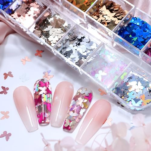 1 Box 12 Color Holographic Butterfly Nail Glitter Laser Silver Nail Sequins 3D Red Gold Nail Flakes Sparkly Powder Flakes Shiny Nail Glitter Colorful Nail Sequins Glitter for Nails Art 12 Grids - color: Color 44