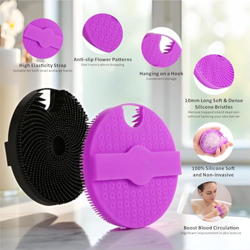 Silicone Body Scrubber Shower Brush,Super Exfoliating Body Brush with Non-Slip Strap-Effective Showering Exfoliation and Gentle Massage for Men Wome,Durable Use Brush,1 Counts (Purple) - color: Purple