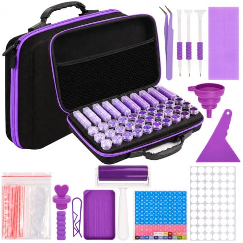 MERATIA Diamond Art Storage Case, 10 Lidded Trays and 30 Screw-Top Jars - color: Purple 40 Slots-2 Sizes