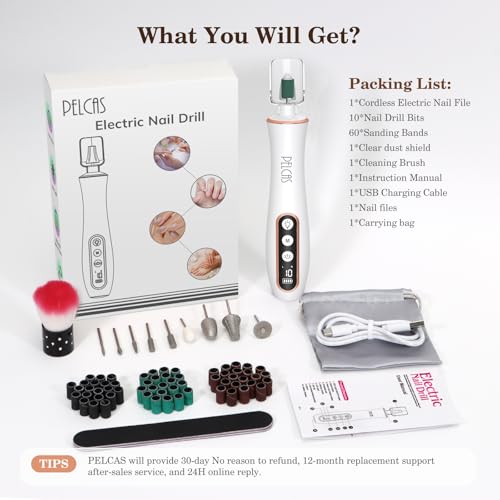 PELCAS Cordless Nail Drill, 10 Speeds Electric Nail File with LED Light - color: White