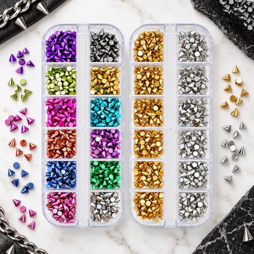 2 Boxes 24 Grids Punk Nail Charms Bottomed Pointed Cone Nail Rhinestones - color: Green