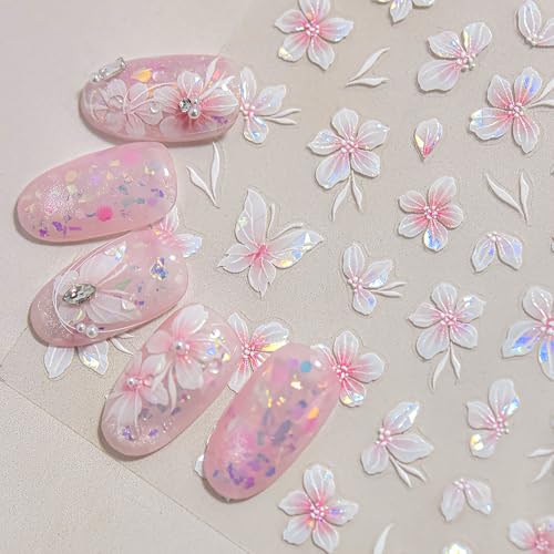 5D Embossed Flower Nail Art Stickers Pink Butterfly Nail Decals Spring Cherry Blossom Designs Self-Adhesive Nail Decor Flower Petal Nail Design Stickers Cute Nail Art Decals for Women DIY Manicure - style: 5D Embossed Nail Stickers-1