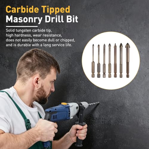 7Pcs 1/8"-1/2" Carbide Masonry Drill Bits Set Hex Shank Brown - color: Brown, size: 1/8"-1/2"