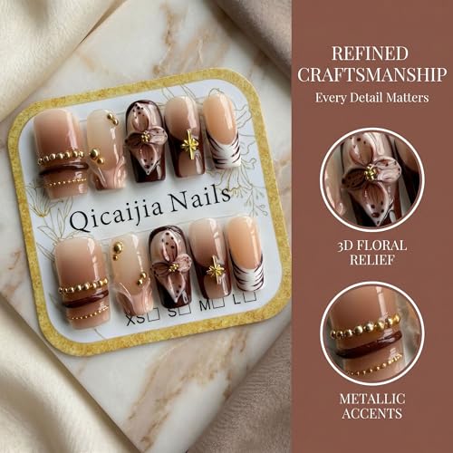 Handmade Press on Nails Medium Square Brown Gradient False Nails with 3D Flower and Swirl Design French Tip Fake Nails Luxury Reusable Acrylic Nails Press Ons for Women 10Pcs (Size M) - color: style4
