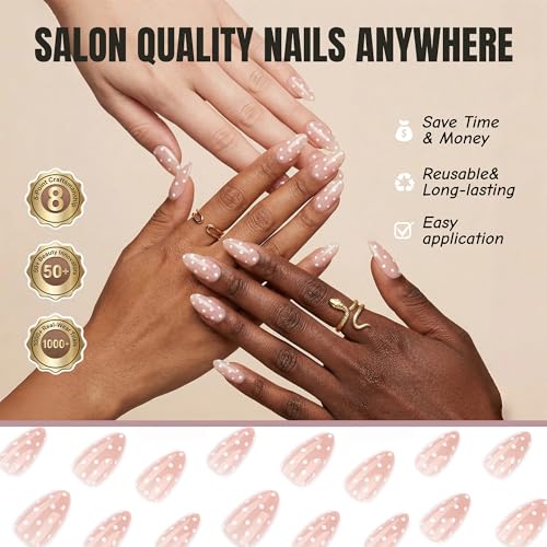 Nude Press On Nails Almond White Polka Dot 24PCS - color: 0092-White Polka Dots