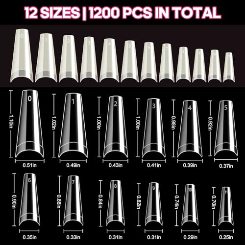 Krofaue 1200PCS Coffin Nail Tips, Clear & Natural Half Cover, 12 Sizes - color: Clear Natural Coffin Half Cover