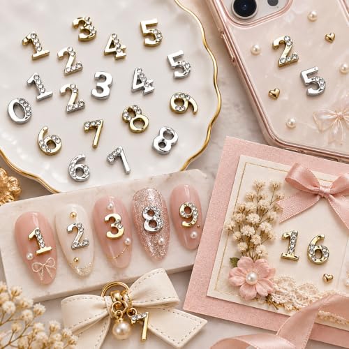 20 Pcs Numbers Nail Charms Gold Silver Flatback Numbers Nail Rhinestones - color: Shining Silver