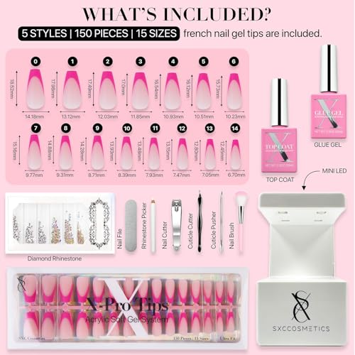 SXC Cosmetics French Tip Press On Nails – 5 Pink Series, Medium Coffin, X-Pro Tips Starter Kit | 150PCS, 15 Sizes, 5 Styles, Beginner-Friendly - color: Pink - M Coffin