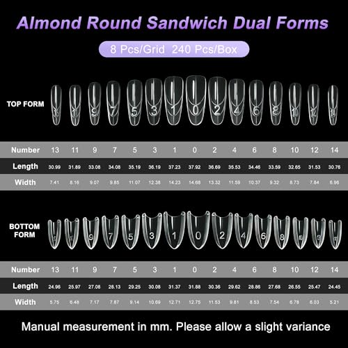 VOCOSTE 240Pcs Sandwich Dual Nail Forms, Almond Shape, Reusable