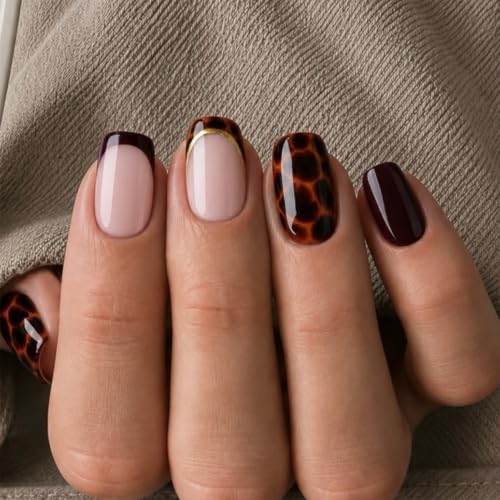 Tortoise Shell Press on Nails Brown Fake Nails French Tip False Nails - color: Style34