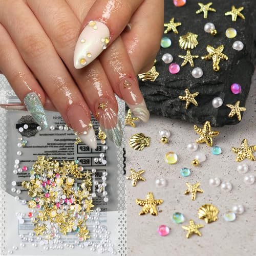 100PCS 3D Summer Ocean Resin Nails Charms Beach Seashell Starfish Gold Nail Charms Beads Star Sea Shell Nail Art Jewelry Summer Beach Nail Accessories for Women DIY Accessories (Starfish) - color: Starfish