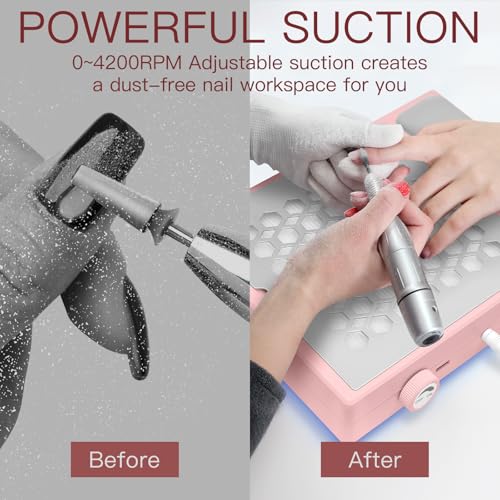 Madenia Powerful Nail Dust Collector - Brushless Quiet Vacuum Suction Fan Extractor with Hand Pillow 2 Filters 1 Brush, Nail Dust Cleaner Machine for Acrylic Gel Nail Polishing Nail Tech Use, Pink