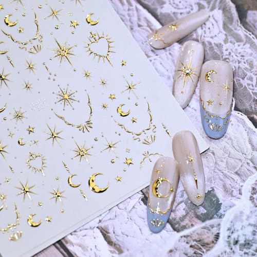 1 Sheet Gold Moon Star Nail Sticker for Nail Art Gold Nail Art Stickers Luxury Nail Decals for Nails Designs 5D Embossed Moon Heart Nail Art Sticker Nail Supplies Nail Decor for Women DIY Manicure - style: gold stars