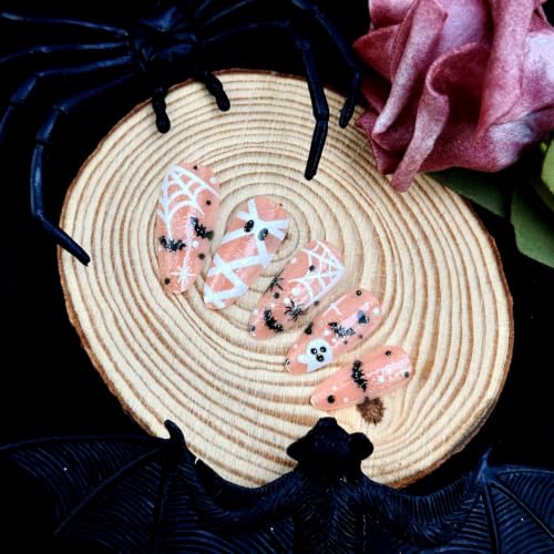 Halloween Press on Nails Long Almond Fake Nails Ghost Bat Spider Web Art - color: Halloween Press on Nails 05
