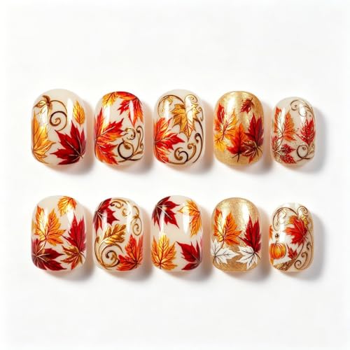 Fall Press on Nails Short Almond Maple Leaf Gold Foil Fake Nails