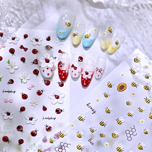 1 Sheet Flower Nail Art Stickers 5D Embossed Cute Bee Nails Decals Spring Daisy Bee Design Summer Bees Floral Nail Designs Accessories Cute Floral Bees Nail Supplies for Women DIY Manicure Decorations - style: bee