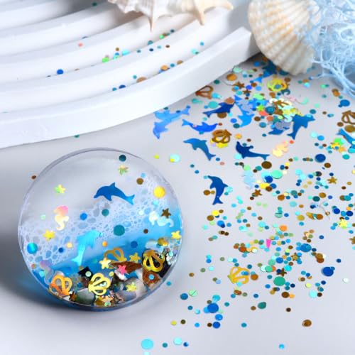 1 Bag Ocean Dolphin Nail Glitter Sequins, Holographic Blue Sea Shell Seahorse Starfish Nail Art Flakes, Laser Mixed Round Dot Confetti Nail Decorations for Acrylic UV Gel Manicure DIY Crafts - color: Blue