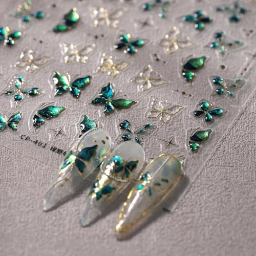 Butterfly Nail Stickers 5D Embossed Gold Green Butterfly Nail Art Sticker Self Adhesive Nail Decals Summer Nail Art for Women Manicure Supplies Nails Art Decorations - color: Style-23