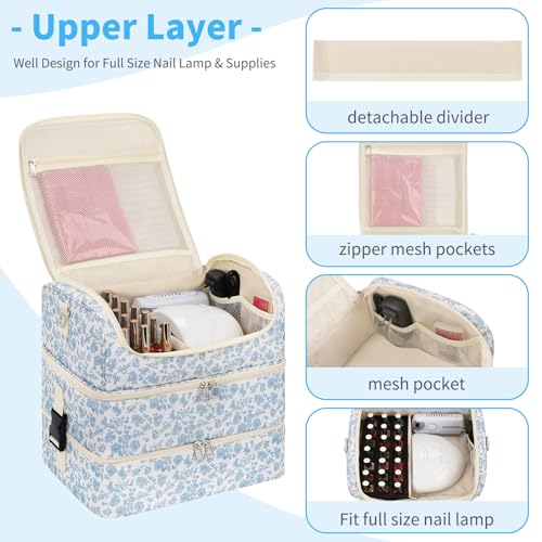 CUBETASTIC Nail Polish Organizer, Nail Supplies Storage Case Holds 86 Bottles Nail Polish & Nail Lamp, Travel Nail Tech Carrying Bag, Nail Kit Bag For Nail Stuff & Manicure Tools - color: Blue Floral, size: 117 Slots