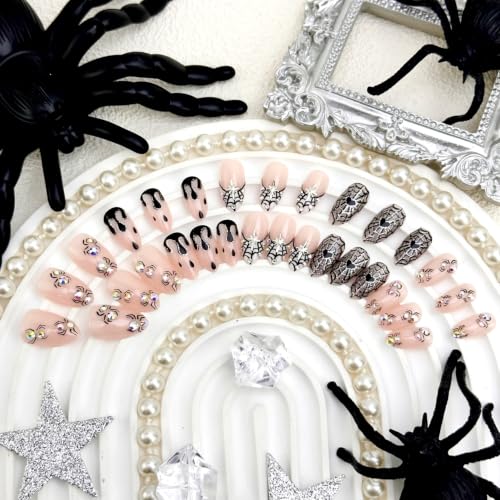 Halloween Press on Nails Medium Almond Fake Nails Spider Web Gothic Art - color: Halloween Press on Nails 02