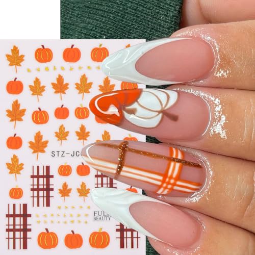 Halloween Pumpkin Nail Art Stickers Maple Leaf Pumpkin Nail Art Decals 6 Sheets 3D Self-Adhesive Stickers Plaid Stripes Nail Decals for Women Halloween Nail Supplies Fall Nail Decorations - color: Halloween Style6