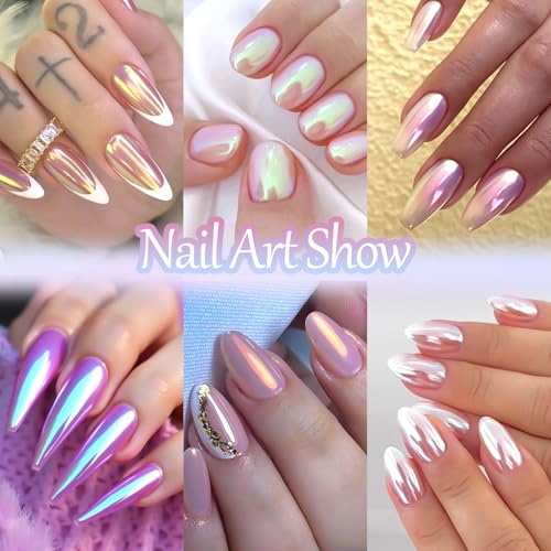 12 Jars Pearl Chrome Nail Powder, Iridescent Aurora Powder - color: F-123+F-124+6pcs sponge sticks