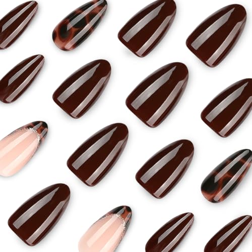 Brown Press on Nails Medium Almond Tortoise Shell Fake Nails - color: style-03