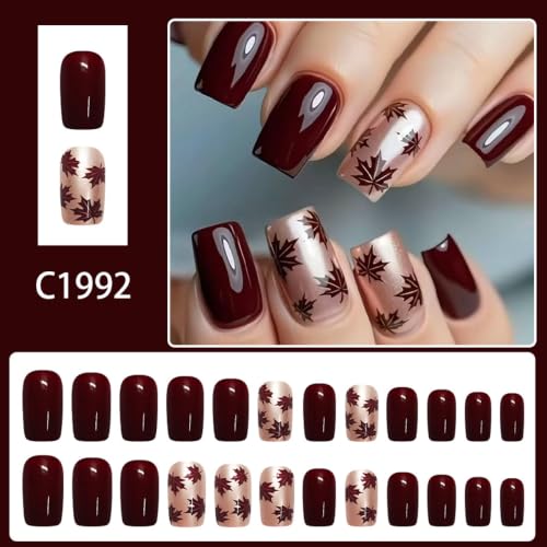 24Pcs Fall Maple Leaf press on Nails Medium Square Burgundy Fake Nails - color: Style-28