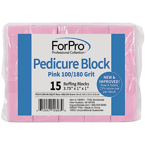 ForPro Pink Pedicure Block, 100/180 Grit, Three-Sided Pedicure Nail Buffer, 3.75” L x 1” W x 1” H, 15-Count (Pack of 2) - size: 15 Count (Pack of 2)