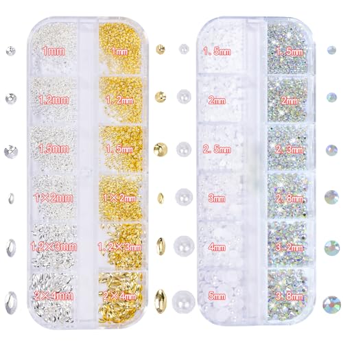 Nail Charms - Metal Silver & Gold Beads, Flatback Half Round Rhinestones, Small Nail Pearls, 3D Mixed Sizes Decorations for Nails Kits - color: Silver & Gold Beads Pearls Rhinestones