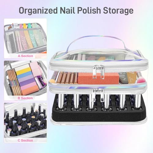 Beloving Nail Polish Organizer, Clear Double Tier Nail Storage Organizer Case Holds 30 Bottles, Portable PVC Nail Tech Bag with Dividers, Nail Polish Supplies Travel Case for Display - color: 7.lridescent, size: 1 Count (Pack of 1)