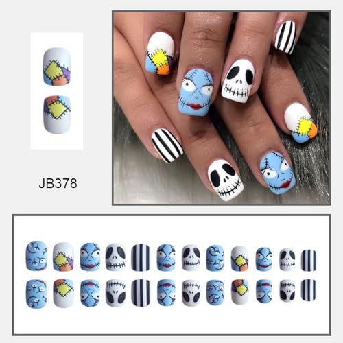 Halloween Press on Nails Short Square Fake Nails Skull False Nails Designs Blue White Glossy Acrylic Nail Tips Stripe Full Cover Glue on Nails DIY Halloween Nails for Woman Nail Art Manicure 24 Pcs - color: Style 14