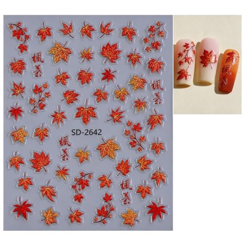 6Sheets Fall Nail Stickers Red&Gold Maple Leaf Design - color: Red & Gold