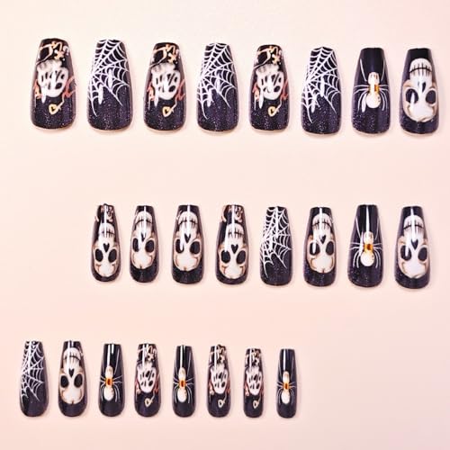Halloween Press on Nails Skeleton Medium Coffin Fake Nails with Spider Web & Spider Designs Horror Skull False Nail Black Glossy Acrylic Nail Full Cover Stick on Nails for Women Manicure 24 Pcs - color: Halloween Style 018