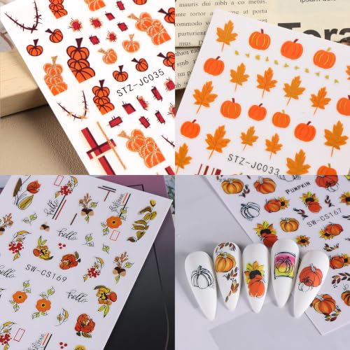 6 Sheets Fall Nail Stickers 3D Self-Adhesive Thanksgiving Nail Decals Autumn Maple Leaf Nail Art Stickers Pumpkin Fruit Fallen Leaves Sunflower Nail Design for Women Holiday DIY Manicure Accessories - color: Fall