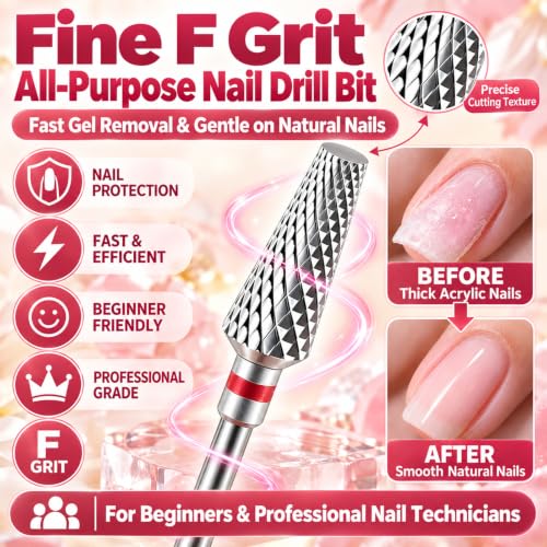 Tungsten Carbide Nail Drill Bit, 3/32" Shank Professional Tapered Nail File Bit for Acrylic Nails, Gel Polish Remover, Cuticle Clean, Manicure Pedicure Tool (Fine - F)