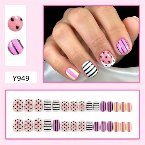 Press on Nails Short Square Polka Dot Black Pink Stripe Design - color: Black White Pink -23