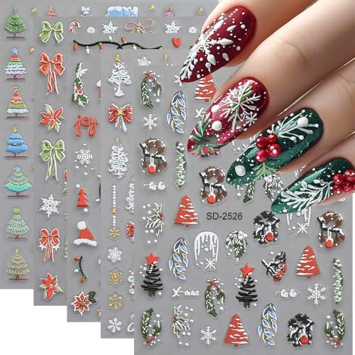 Christmas Nail Stickers, 5D Embossed Holly Leaf Nail Decals Snowflake Elk Lights Bell Xmas Tree Winter Nail Design Holiday Nail Art Decoration for Women Girls(5Sheets) - style: Holly Leaf
