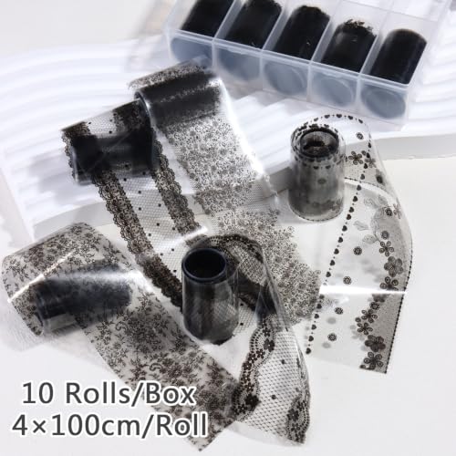 10 Rolls Black Lace Nail Foils Mixed Styles Lace Flowers Transfer Stickers - color: Black Lace Ls04