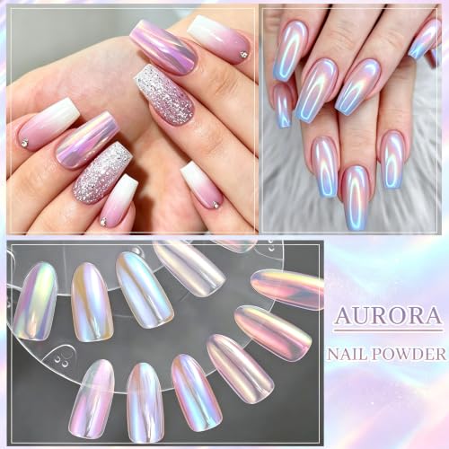 Aurora Chrome Nail Powder, 8pcs Iridescent Mirror Effect with Sponge Sticks