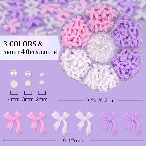 Cute Bow Charms and Flatback Pearls Set - 10, 120 Pcs Pink, White, Lilac Bow Charms + 2-4mm White Nail Pearls with Pickup Tweezer and Pencil for Nail Art Decoration - color: Style C - Pink White Lilac