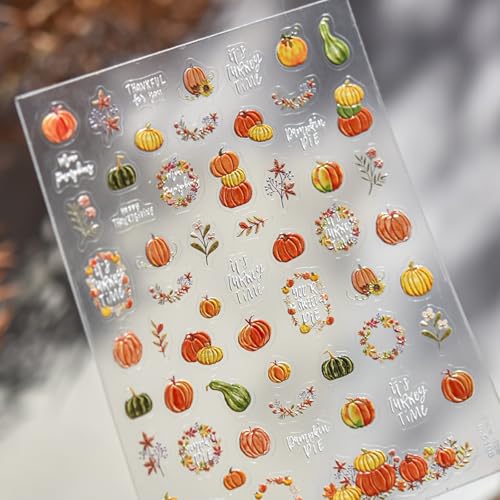 1 Sheet Fall Nail Stickers 5D Embossed Maple Leaves Nail Stickers for Nails Thanksgiving Day Pumpkin Nail Decals Fall Leaf Garland Nails Supplies Autumn Leaves Pumpkin Design Sticker for Women - style: thanksgiving pumpkin