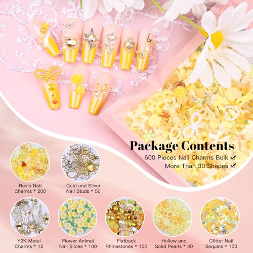 650Pcs Cute 3D Resin Nail Charms and Gems Yellow Rabbit Bow Butterfly Charm - color: Yellow