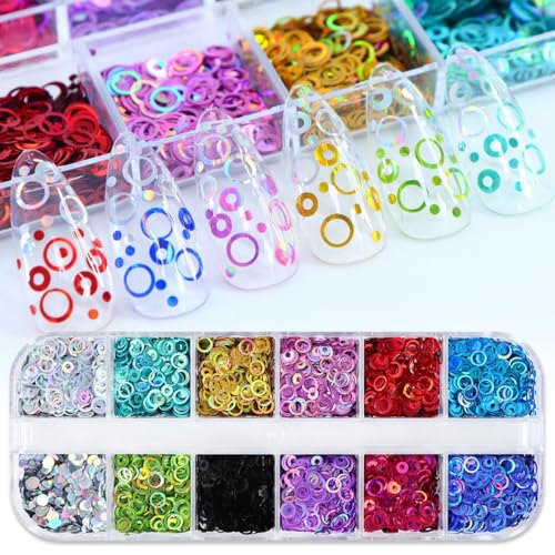 1 Box 12 Color Holographic Hollow Circle Nail Glitter Red Purple Nail Sequins 3D Laser Silver Nail Flakes Sparkly Powder Flakes Shiny Nail Glitter Colorful Nail Sequins Glitter for Nails Art 12 Grids - color: Color 7