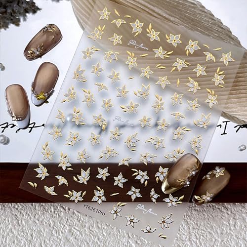 Gold Nail Stickers Fall Flower White Gold 5D Embossed for Elegant Nail Art 3D Self-Adhesive Nails Decoration Beatiful Nail Decals DIY for Women Girls Nail Supplies - color: Gold Flowers Style