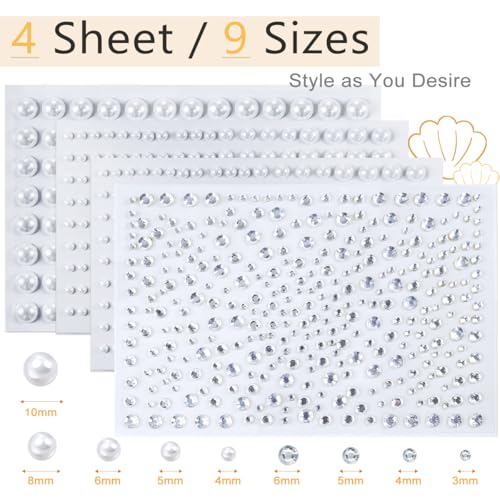 qiipii 4 Sheets Pure White Flatback Pearls Rhinestones Stickers Self Adhensive Solid White 3-8mm Half Pearls Stick On Jewels Multi Sizes Gems Crystals Stick on for Nails Face Eyes Hair Makeup Crafts - color: Pure White Perals+silver Clear Rhinestones, siz
